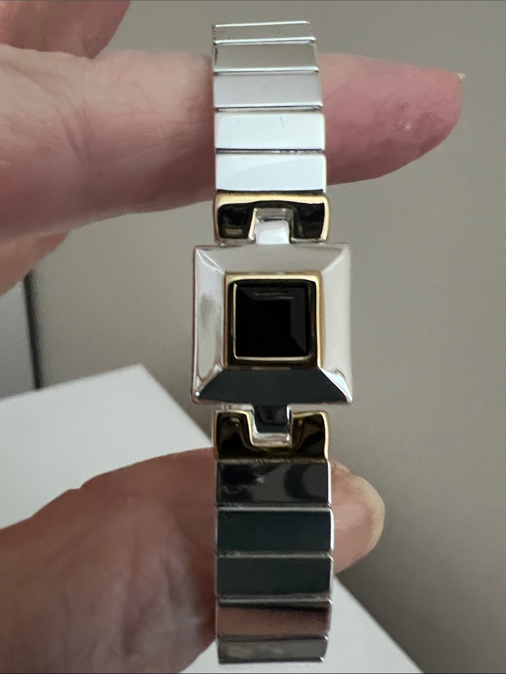 Two-Tone Stretch Link Bracelet with Black Square Stone - Vintage